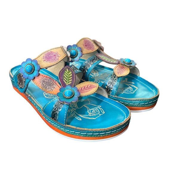 L'ARTISTE Spring Step Pillow Sandal Floral Leather Turquoise EU 41 / US 9.5-10 - Picture 1 of 9